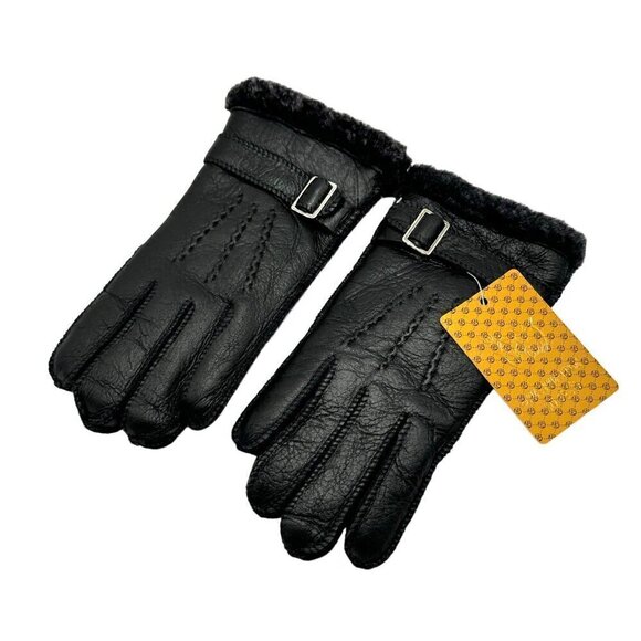 NWT Women’s Gloves Sz. 7 Shearling Black Leather Sheepskin Fur Lining & Trim - Picture 2 of 7